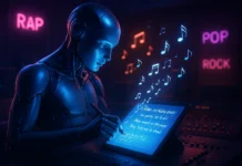 Best AI Song Lyrics Generator Free – Create Rap & More Lyrics AI robot writing lyrics on digital tablet with music notes in studio—Best AI Song Lyrics Generator Free for rap, pop, and rock.