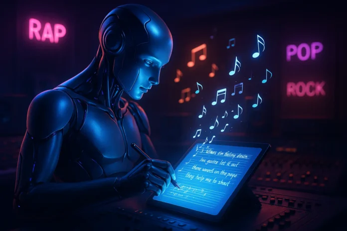Best AI Song Lyrics Generator Free – AI Writing Lyrics with Music Notes AI robot writing lyrics on digital tablet with music notes in studio—Best AI Song Lyrics Generator Free for rap, pop, and rock.