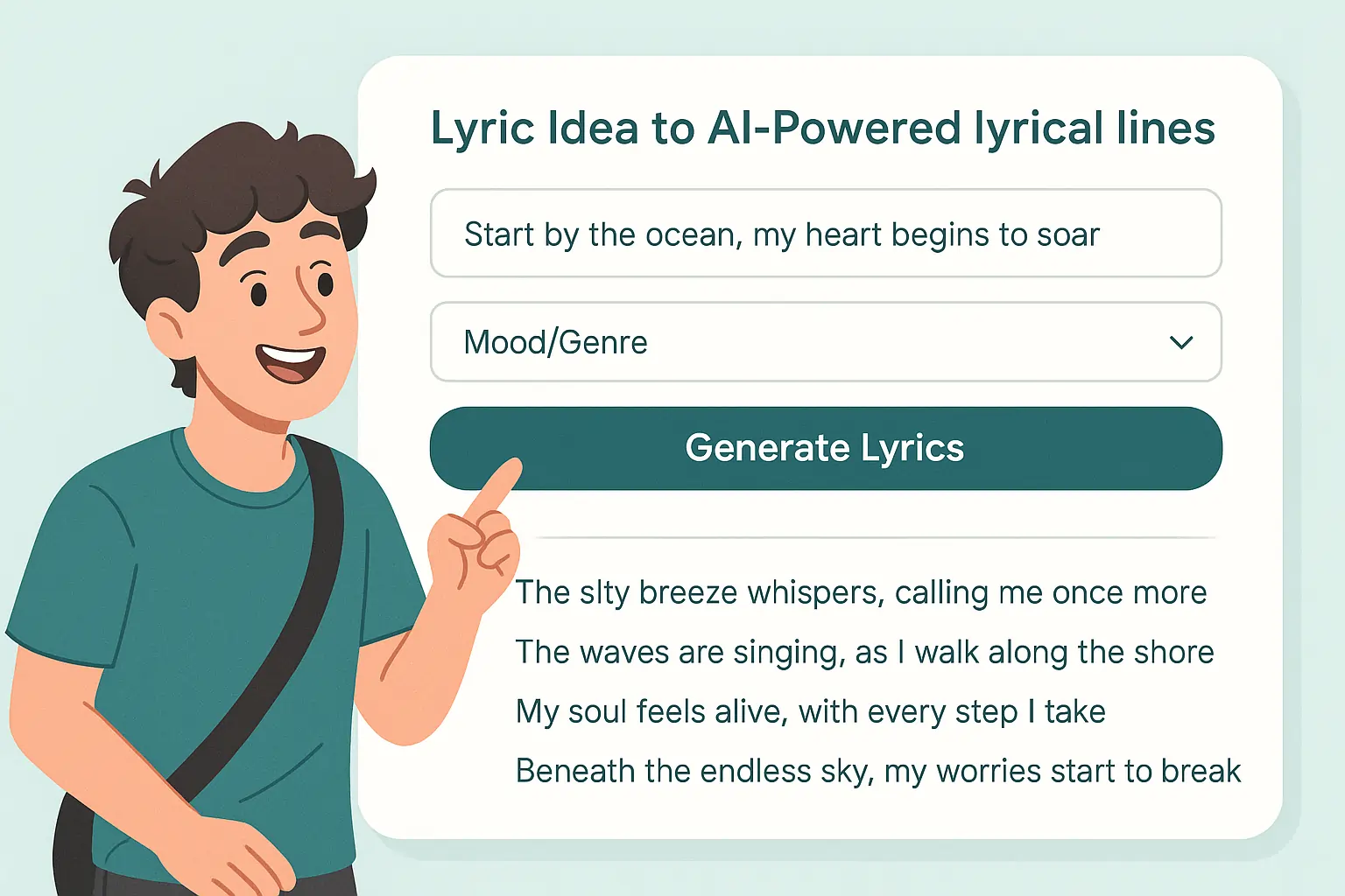 Interface showing how to use free AI song lyrics generator with genre and mood input and generated lyrics.