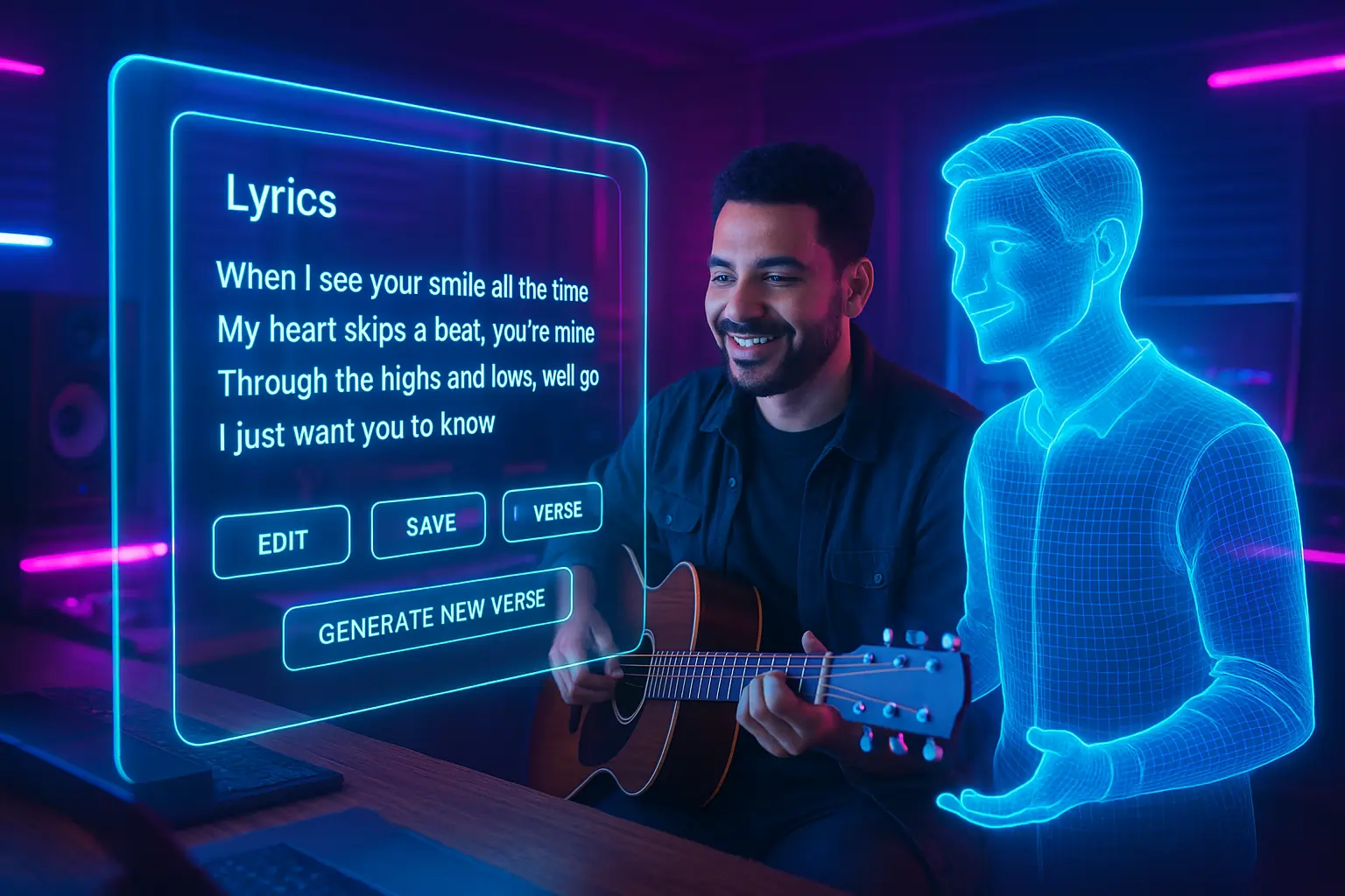 Human and AI reviewing song lyrics on a holographic screen in neon-lit studio-Best AI Song Lyrics Generator Free collaboration.