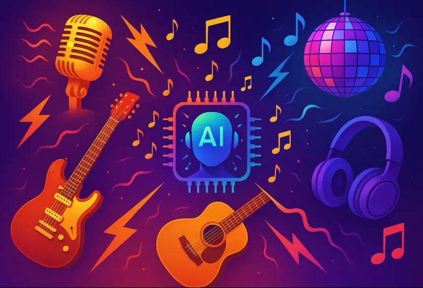 AI songwriting tool creating lyrics for rap, pop, EDM, and rock using genre icons and musical symbols.