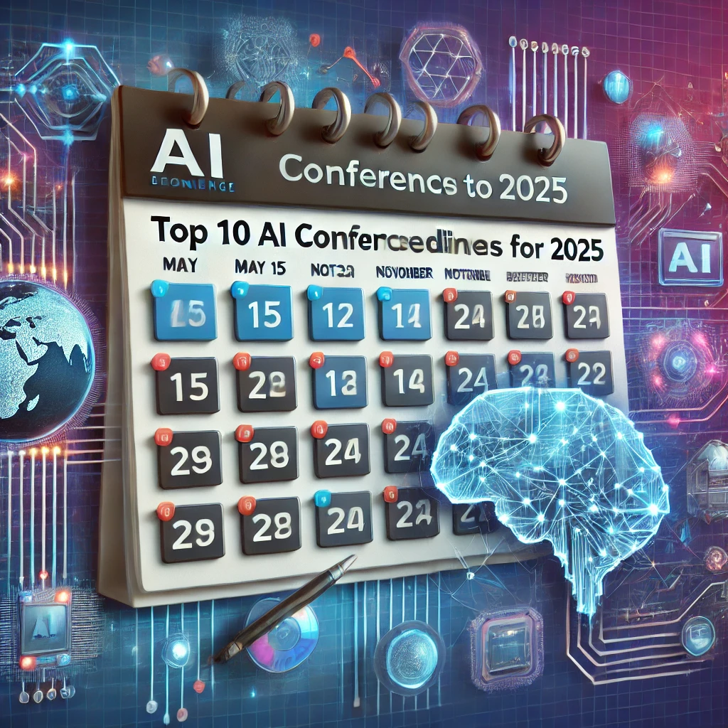 AI conference deadlines 2025 displayed on a futuristic calendar with glowing brain graphics and digital elements.