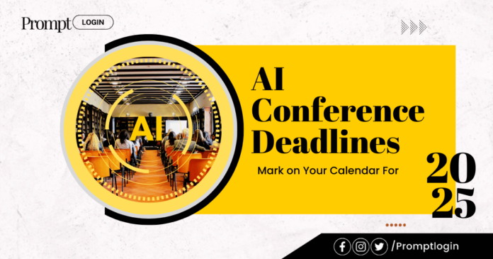 AI conference deadlines for 2025 with a vibrant yellow design and an audience attending a seminar, emphasizing key AI events to mark on your calendar.