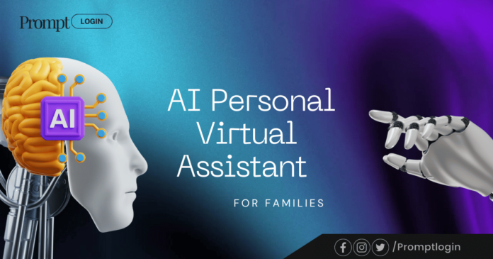 AI personal virtual assistant for families featuring a human brain integrated with AI technology and a robotic hand, symbolizing innovation and smart assistance.