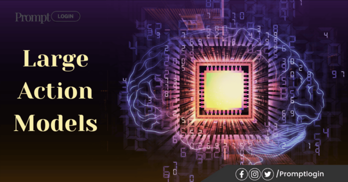 Illustration of a glowing microchip surrounded by neural connections and binary data, symbolizing the capabilities of Large Action Models in AI.