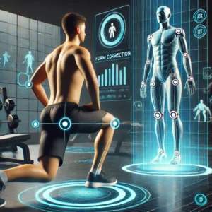 A person performing exercises at home, guided by an AI fitness trainer that uses human pose estimation to provide real-time feedback on their form and technique.