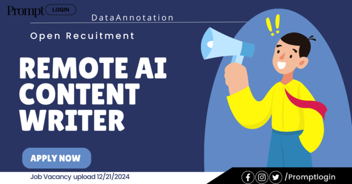 Graphic announcing recruitment for a Remote AI Content Writer role by PromptLogin, featuring a cheerful individual holding a megaphone.