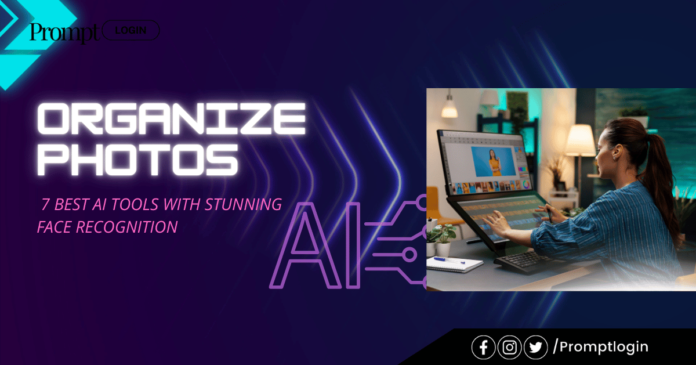 A woman using advanced organize photos software AI with face recognition on a sleek computer screen, showcasing an intuitive interface in a modern setting.