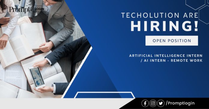 Techolution hiring Artificial Intelligence Intern for a remote work position. A professional team brainstorming with books and digital tools.