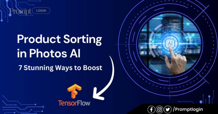 Product sorting in photos AI concept illustration, showcasing advanced technology with an AI interface, TensorFlow logo, and futuristic design elements.