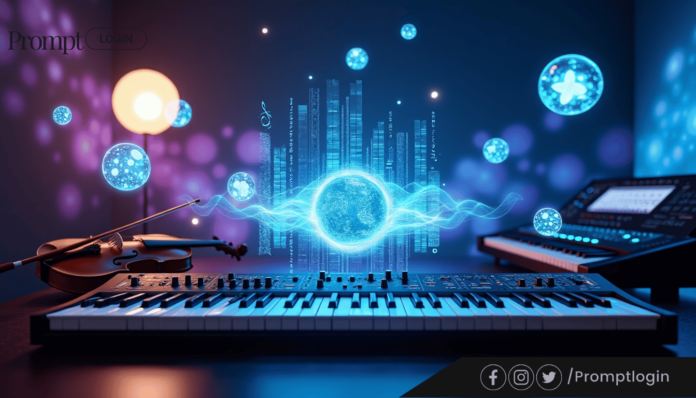 A vibrant AI-driven music composition setup featuring a keyboard, violin, and glowing holographic musical elements, showcasing how AI can help with music creation.
