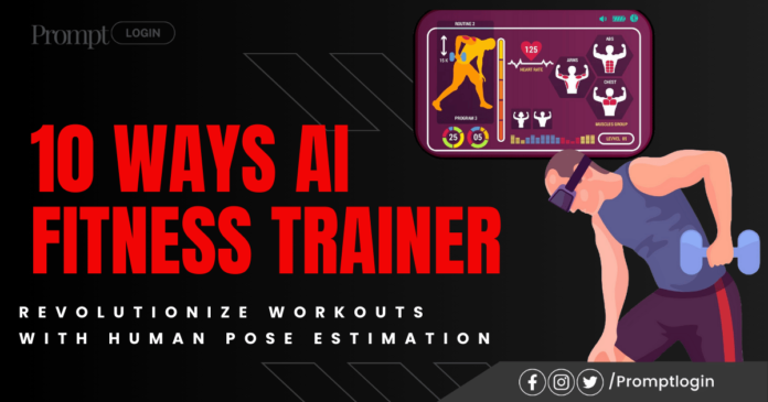 Illustration showcasing an AI fitness trainer using human pose estimation technology, featuring a virtual workout interface and a person exercising with a dumbbell in a modern, tech-driven setup.
