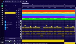 A screenshot of a music composition software interface using AI to help with music, showing tracks for melody, chords, bass, and percussion with visual note patterns and active audio effects such as reverb and dynamics.