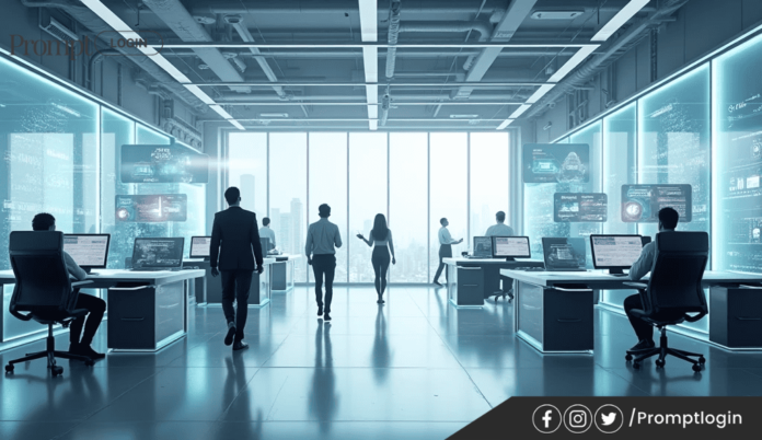 Futuristic office setting with employees working at digital workstations and holographic displays.