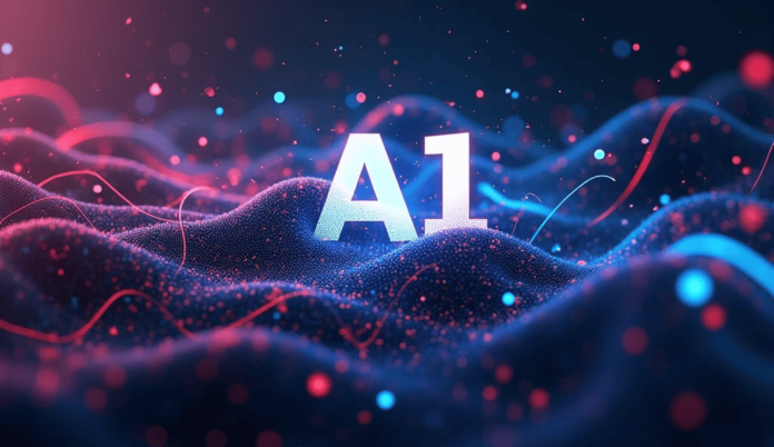 The Future of AI in Motion Graphics: A neon pink and blue digital wave with glowing particles surrounding the letters “AI” at the center.
