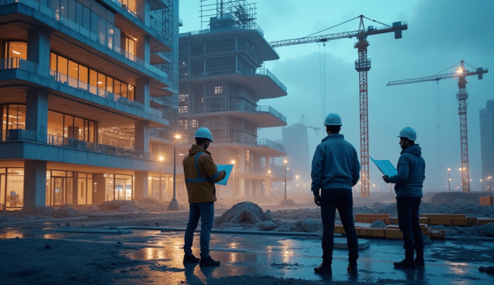 Three professionals at a construction site reviewing project plans, illustrating the practical side of construction engineering technology.