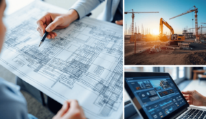 Collage showing a detailed blueprint, excavator at sunset, and a laptop with construction software, reflecting construction engineering technology.