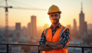 A confident Construction Engineering Technician in a reflective vest and hard hat, standing before a modern Canadian skyline at sunrise.