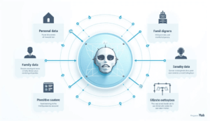 Ai death calculator free flowchart with a glowing brain at the center, connected to data nodes representing analytics, health metrics, and machine learning models