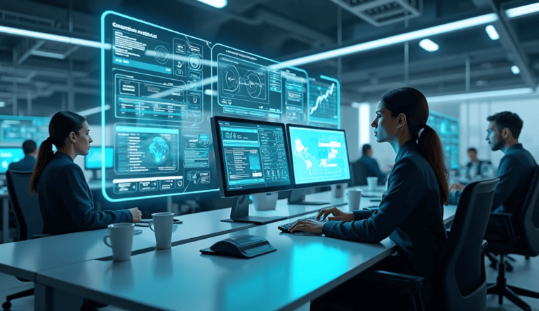 A modern call center environment with multiple AI dashboards, illustrating the question “Can Air AI Make Several Calls at Once?