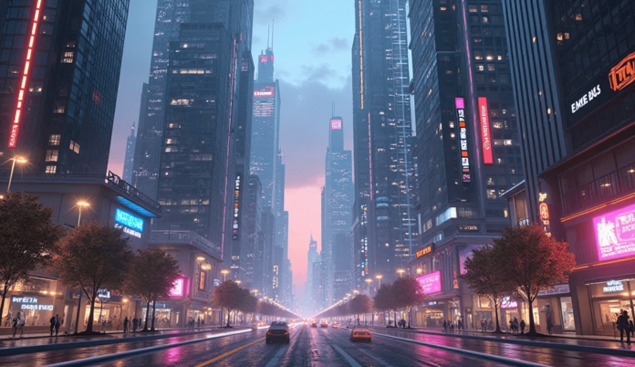 Futuristic city street with towering skyscrapers, neon lights, and a reflective road at dusk, generated using AI image generator camera position prompts.