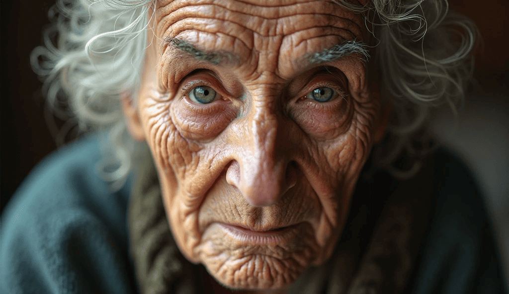 A close-up portrait of an elderly individual with detailed wrinkles, reflecting emotional depth through AI image generator camera position prompts.