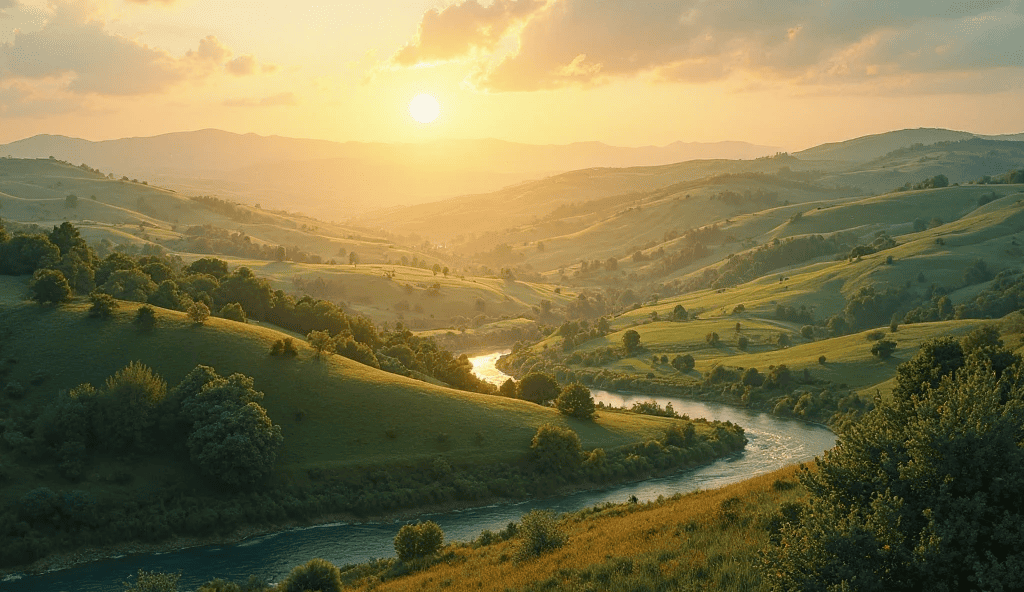 A wide-angle aerial view of rolling green hills and a winding river at sunset, generated using AI image generator camera position prompts.