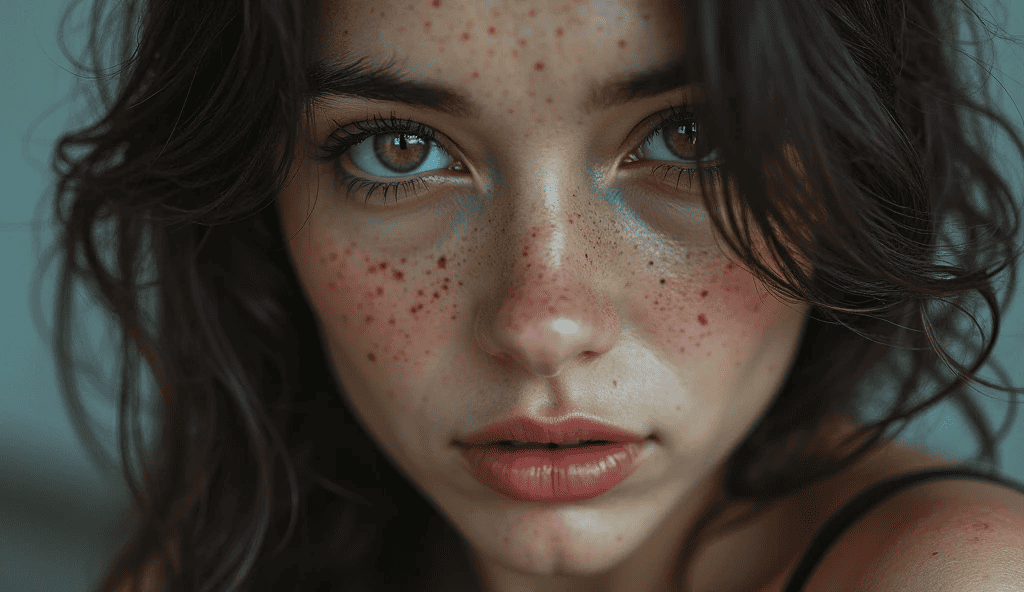 Close-up portrait of a woman with freckles and expressive eyes, showcasing the power of AI image generator camera position prompts.