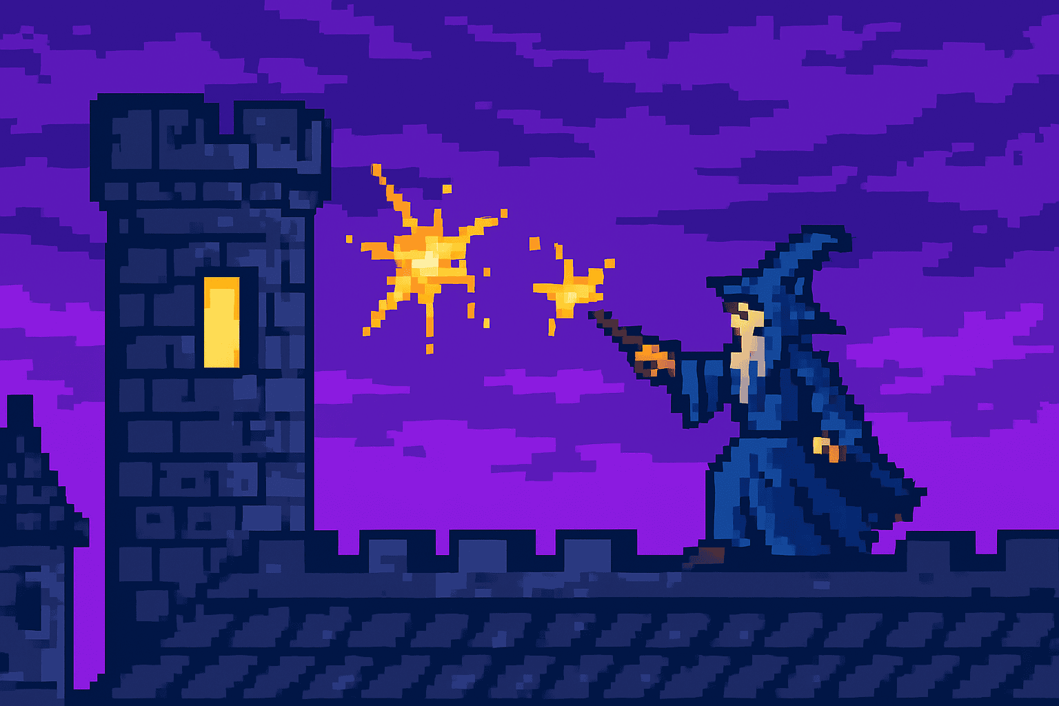 AI-generated 8-bit pixel art of a wizard casting spells on a castle rooftop, vibrant purple sky, limited 16-color palette.