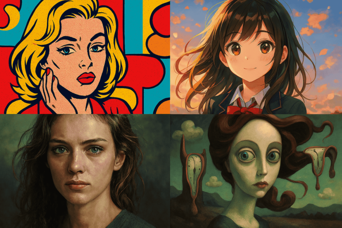 AI-generated artwork showcasing four styles: pop art, portrait, anime, and surrealism with unique visual effects.