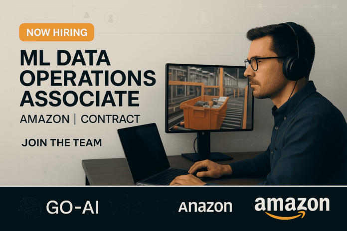 Amazon hiring banner for remote ML Data Operations Associate showing a professional reviewing warehouse footage at a modern desk