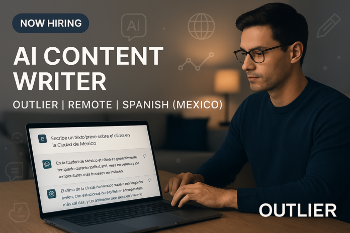 Remote AI content writer working on Spanish-language prompts for Outlier with visible AI writing interface on laptop