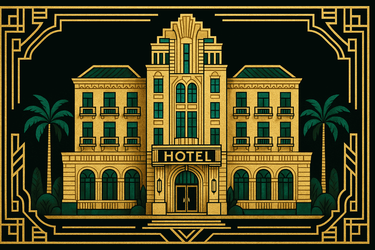 AI-generated Art Deco illustration of a luxury hotel with gold trim, symmetrical architecture, emerald accents, 1920s style.