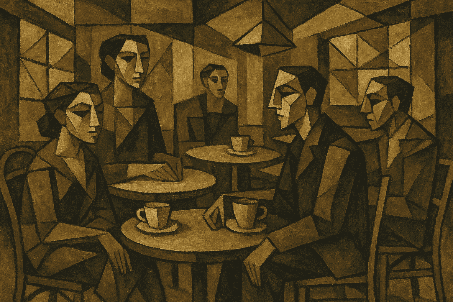 AI-generated cubist-style painting of a café scene with fragmented furniture and geometric faces, earthy color palette.