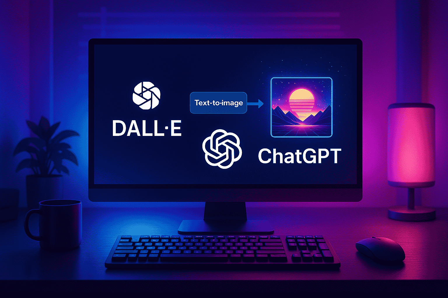 AI-generated image showing DALL·E and ChatGPT logos with a text-to-image workflow leading to a colorful sunset mountain image.