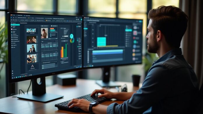 Digital marketer using dual monitors to manage AI content repurposing workflows across multiple formats.