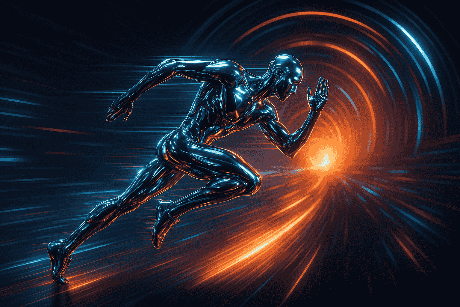 AI-generated futurist artwork of a sprinter made of chrome rushing through a glowing tunnel, motion blur, kinetic energy.