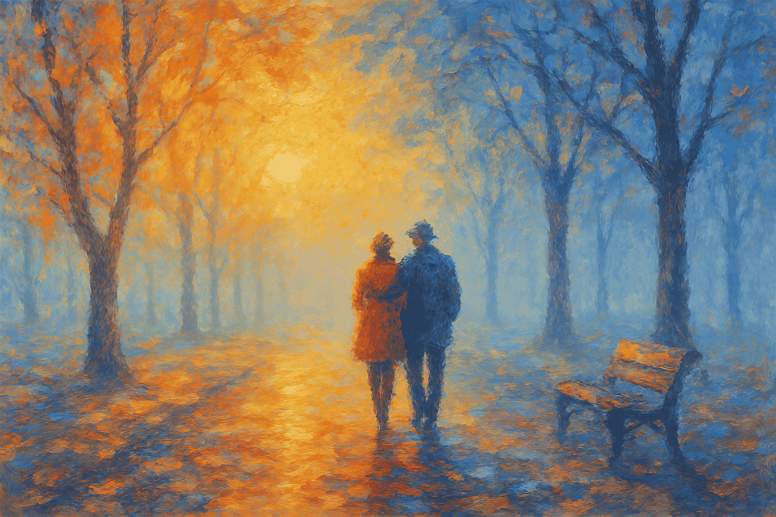 AI-generated impressionist painting of a couple walking through a foggy park at sunrise, vibrant color blending and visible brush strokes.