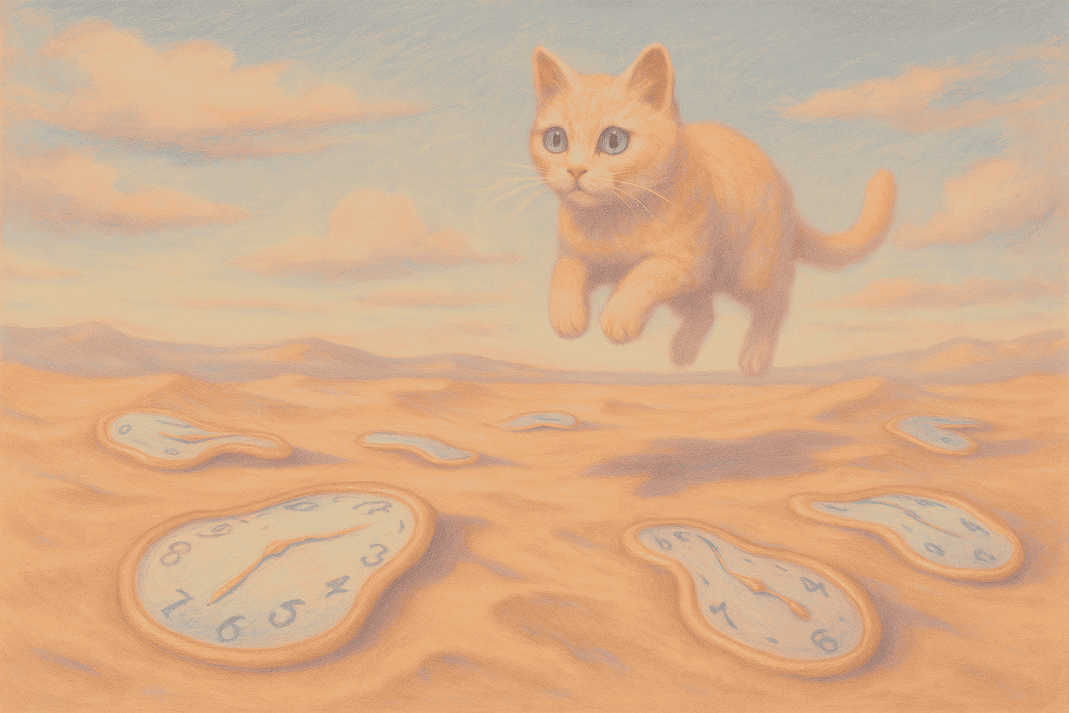 AI-generated surreal image of a cat floating over a desert of melting clocks, pastel color palette, dreamlike atmosphere.