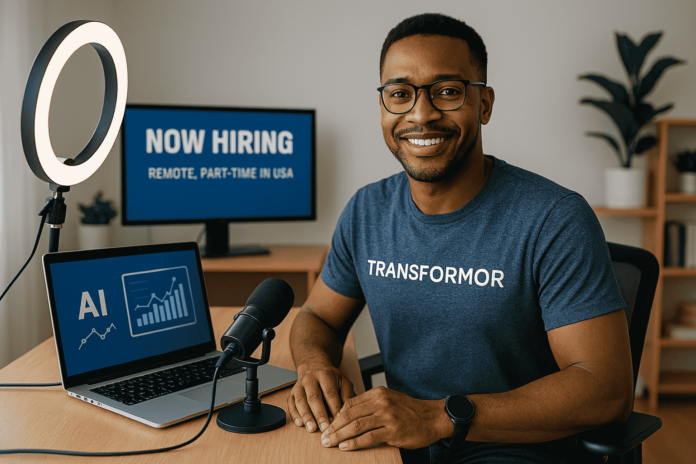 Person hosting an AI webinar remotely for Transformor, representing an AI Brand Ambassador role in a real home office setup.