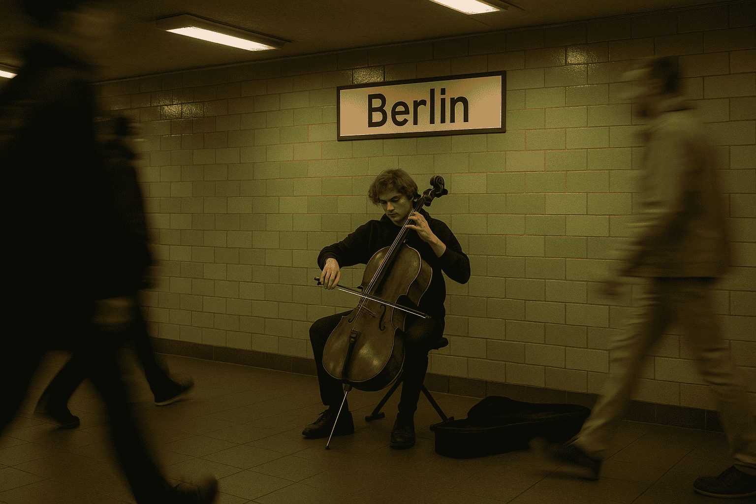 AI-generated image of a young cellist playing music in a subway station in Berlin, candid composition, with blurred movement of passersby and ambient lighting.