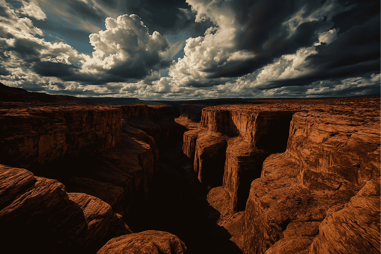 AI-generated HDR photo of a sunlit canyon with deep shadows and textured red rock, dramatic contrast created by clouds in the sky.