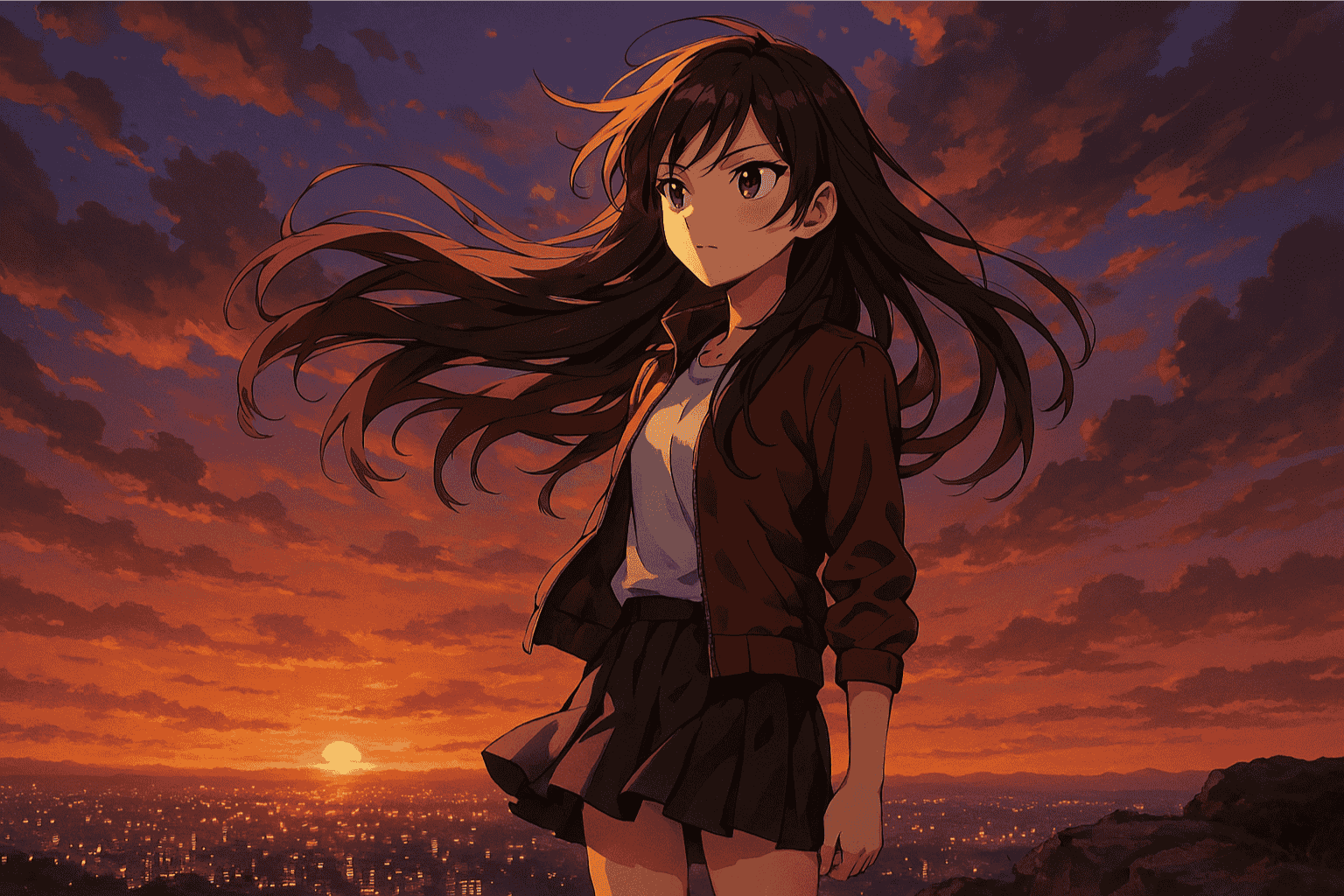 AI-generated anime-style illustration of a teen standing on a cliff at sunset with wind blowing through long hair, dramatic sky and glowing city in the background.