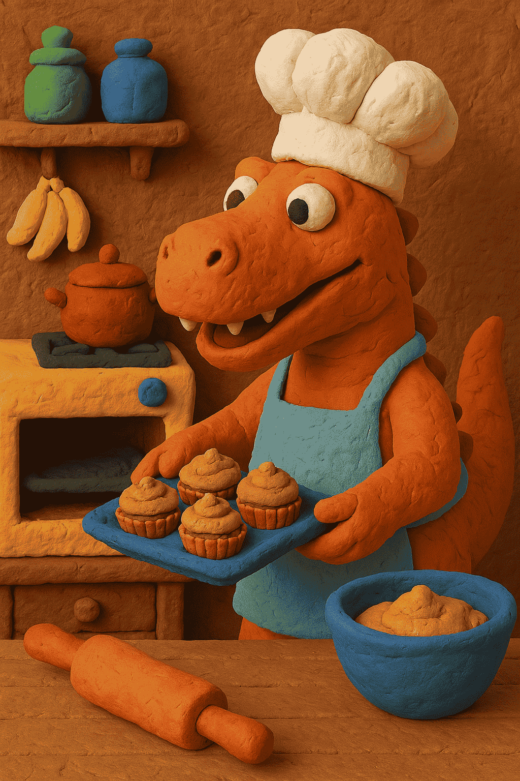 AI-generated claymation-style image of a dinosaur chef baking cupcakes in a cozy kitchen, textured clay look, expressive character.