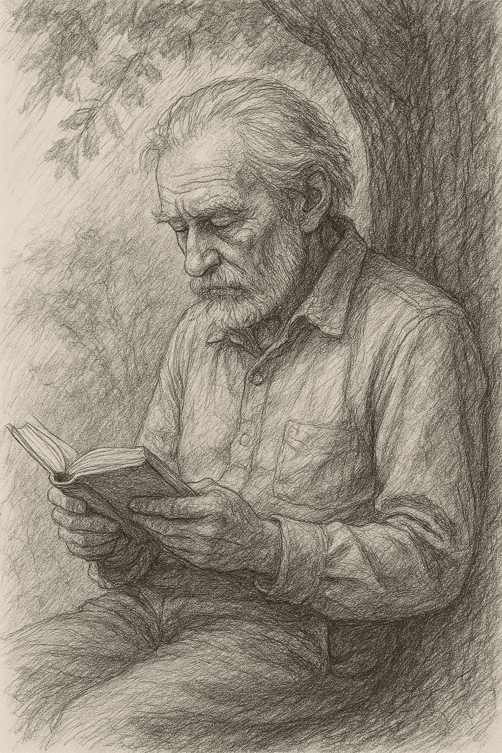 AI-generated pencil sketch of an old man reading under a tree, strong shading, fine detail in wrinkles and clothing folds.