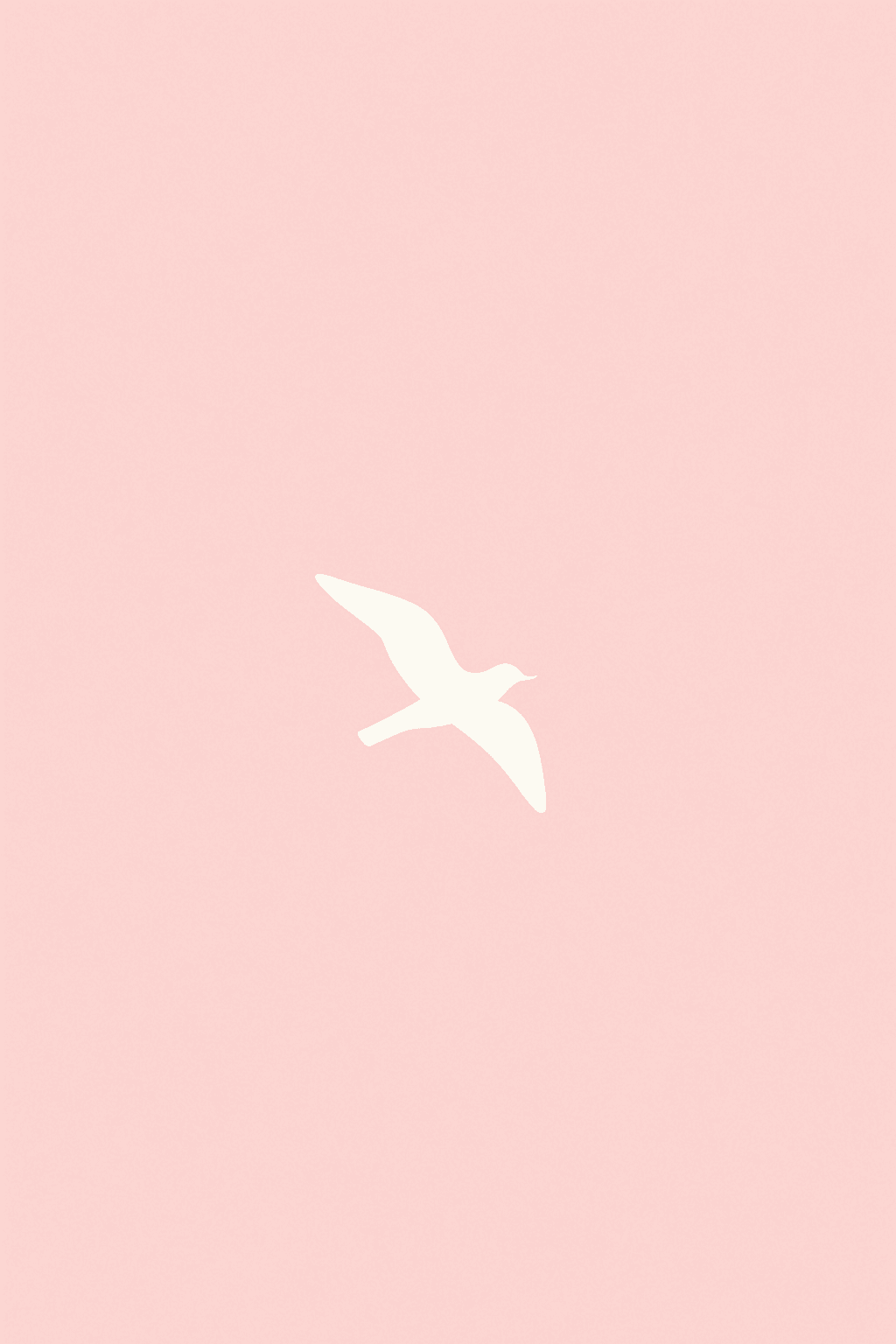 "AI-generated minimalist image of a single white bird flying across a pale pink sky, large negative space, centered subject.