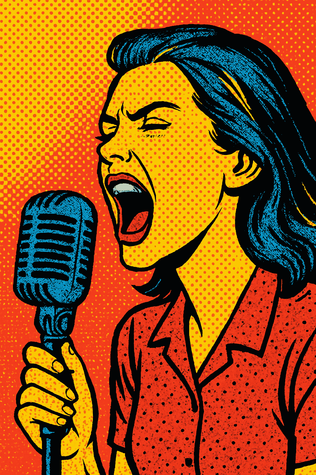 AI-generated pop art of a woman shouting into a vintage microphone, bright yellows and reds, comic-style halftone texture.
