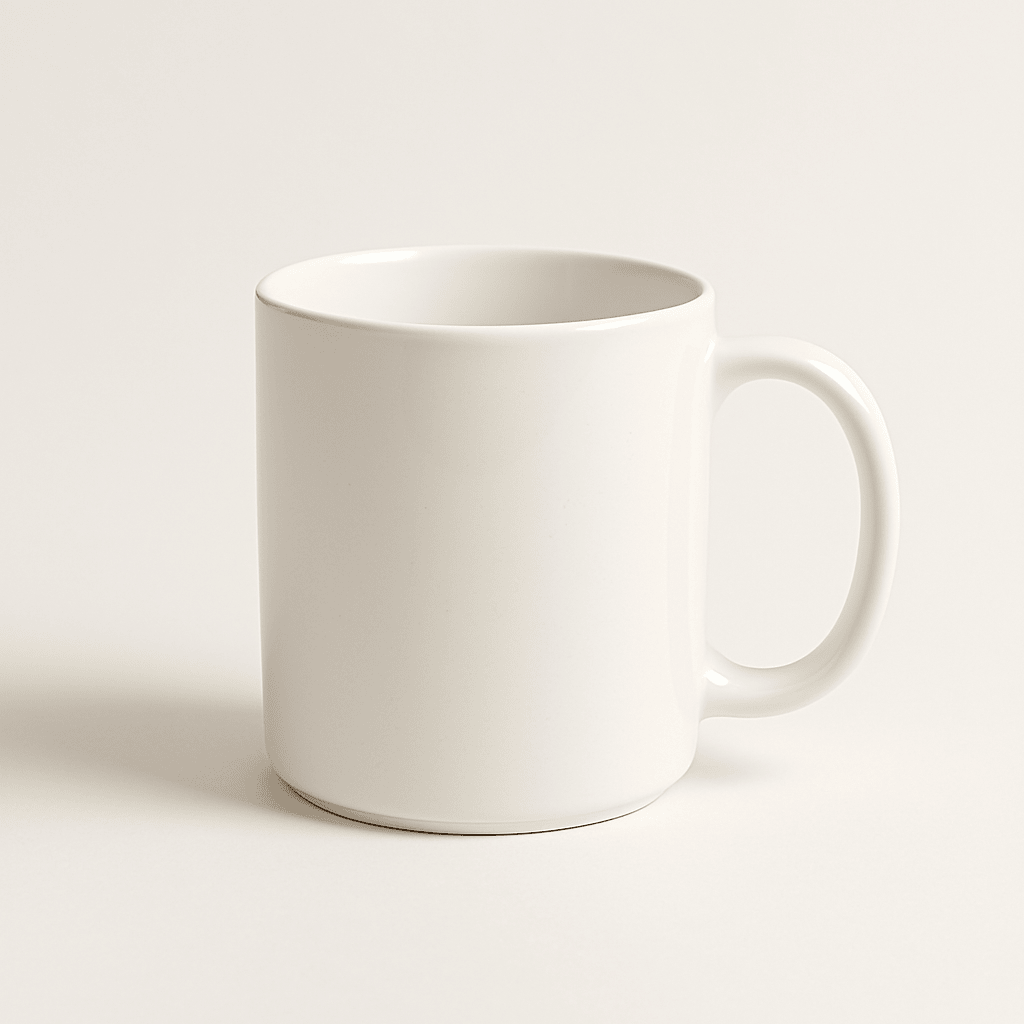 Minimalistic image of a plain white ceramic mug with a clean background, showcasing a simple design.