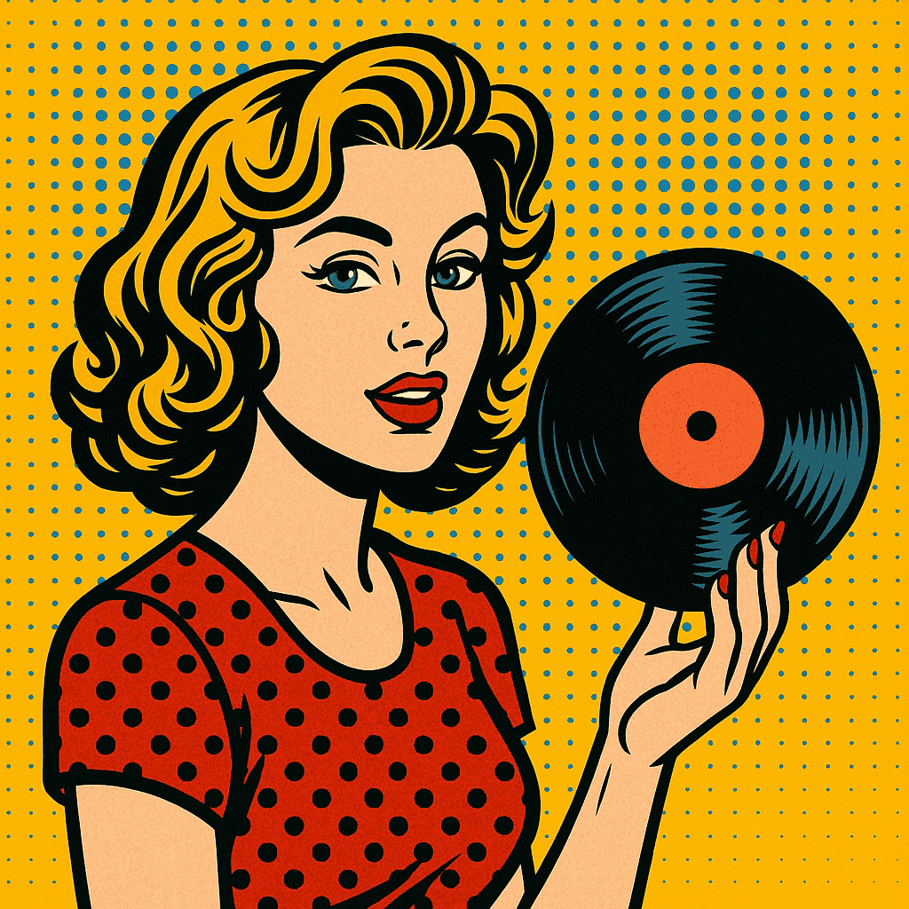 Pop art illustration of a woman with blonde hair, wearing a red polka-dot shirt, holding a vinyl record, with a yellow background and comic-style halftone dots.