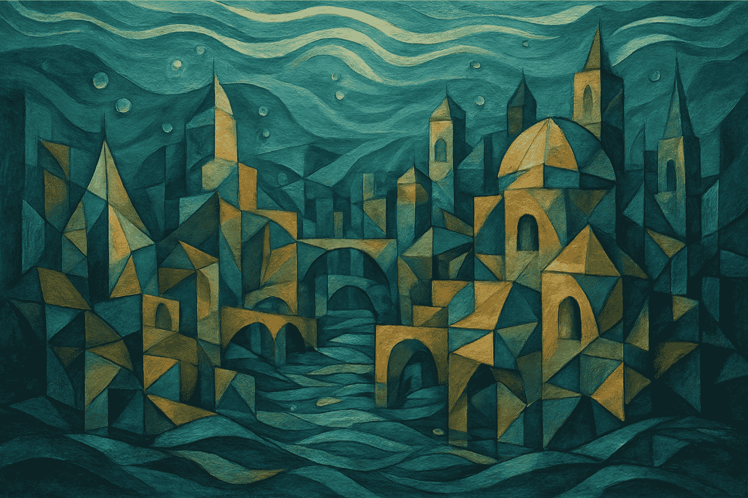 Abstract cubist painting of a submerged city, featuring geometric shapes and earthy tones. The cityscape includes bridges, towers, and domes, surrounded by flowing waves and a dreamlike, surreal atmosphere.